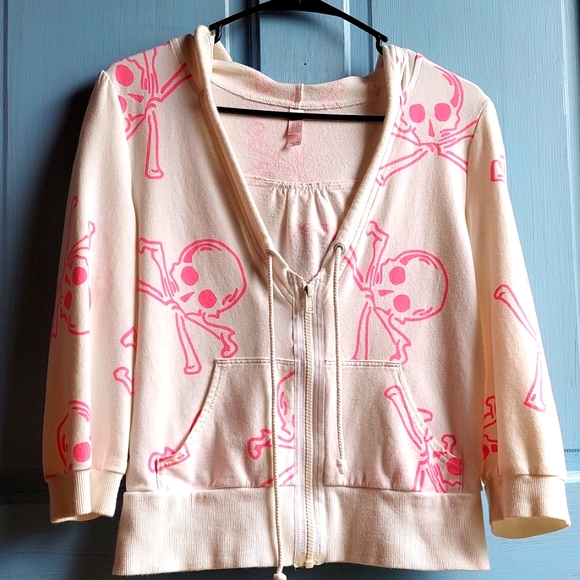 Victoria's Secret Hoodie Sweatshirt Jacket white w/ Pink Skull & Crossbones Sz S - Picture 5 of 6